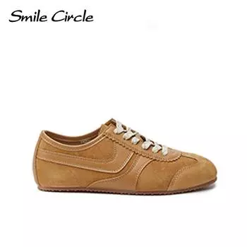 Женские кроссовки из натуральной кожи с круглым носком и шнуровкой, удобная модная повседневная обувь 35 коричневый