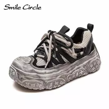 Женские кроссовки из натуральной кожи с круглым носком, увеличивающие рост, модные повседневные туфли на толстой подошве 35 чёрный