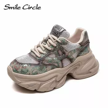 Женские кроссовки из натуральной кожи с круглым носком, увеличивающие рост, модные повседневные туфли на толстой подошве 35 зелёный