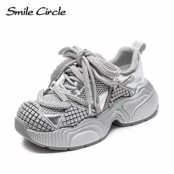 Женские кроссовки из натуральной кожи с круглым носком и шнуровкой, модные повседневные туфли на толстой подошве 35 серый