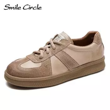 Женские кроссовки из натуральной кожи, туфли на плоской подошве с круглым носком, модная удобная повседневная обувь 35 бежевый