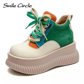 Женские кроссовки из натуральной кожи, туфли на плоской подошве с круглым носком и толстой подошвой, модная удобная повседневная обувь 35 зелёный