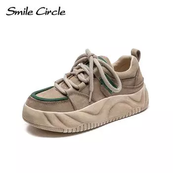 Женские кроссовки из натуральной кожи, туфли на плоской подошве с круглым носком и толстой подошвой, модная удобная повседневная обувь 35 бежевый