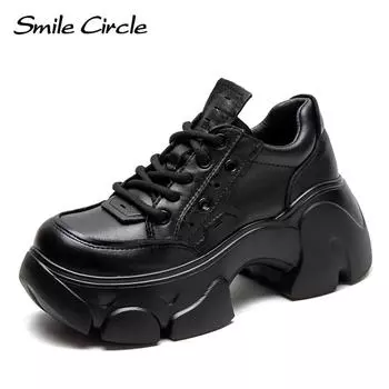 Женские кроссовки из натуральной кожи, туфли на плоской подошве с круглым носком и толстой подошвой, модная удобная повседневная обувь 34 чёрный