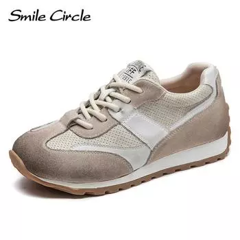 Женские кроссовки из натуральной кожи, туфли на плоской подошве с круглым носком, модная удобная повседневная обувь 35 бежевый