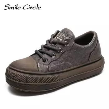 Женские кроссовки из натуральной кожи, туфли на плоской подошве с круглым носком, модная удобная повседневная обувь 35 серый