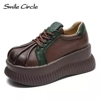 Женские кроссовки из натуральной кожи, туфли на плоской подошве с круглым носком и толстой подошвой, модная удобная повседневная обувь 35 коричневый