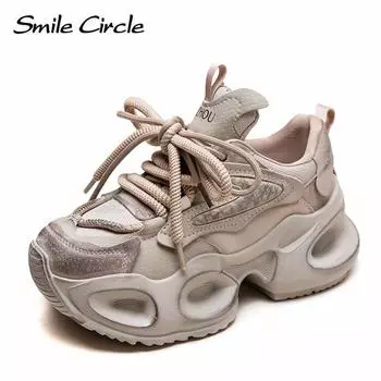 Женские кроссовки из натуральной кожи, увеличенная высота, толстая подошва, дышащая, удобная повседневная обувь 35 бежевый