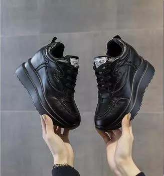 Женские кроссовки из натуральной кожи, женская повседневная обувь, толстая подошва, увеличивающая рост на 10 см, женские кроссовки, дышащая обувь, Botas Mujer 34 чёрный