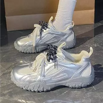 Женские кроссовки из винтажной кожи, трикотажные кроссовки из ткани для ходьбы на открытом воздухе, бега, спортивной бега, повседневная обувь с ремешками 35 серебряный