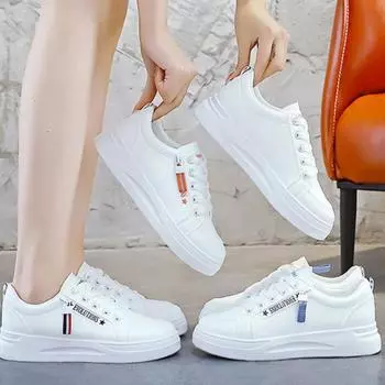Женские кроссовки Кожаные светло-белые кроссовки Женская обувь на платформе Повседневная дышащая спортивная обувь 35 белый/чёрный