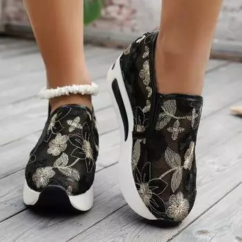 Женские кроссовки летние дышащие кружевные сетчатые цветочные вышитые круглые толстые подошвы удобные повседневные вулканизированные туфли zapatillas 36 чёрный