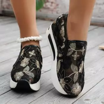 Женские кроссовки, летние дышащие, кружевные, сетчатые, с цветочной вышивкой, удобная повседневная вулканизированная обувь с круглой головкой и толстой подошвой, Zapatillas 37 розовый