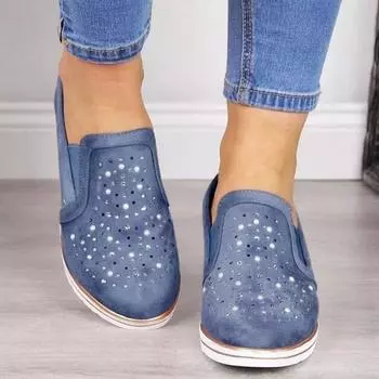 Женские кроссовки, летние парусиновые туфли на танкетке, женские, новые повседневные туфли, большие размеры, дышащие, со стразами, кроссовки без застежек для женщин 36 темно-синий