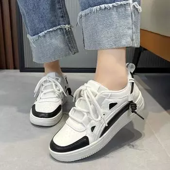 Женские кроссовки, модные новые туфли на платформе со шнуровкой, вулканизированные, повседневные, круглые, подходящие по цвету, теннисные туфли 2024 года, весенние туфли для скейтбординга 35(1) чёрный
