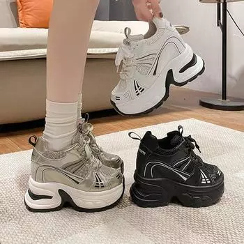 Женские кроссовки на 10 см, женская обувь на среднем каблуке со шнуровкой для отдыха, повышенная спортивная обувь 34 золотой