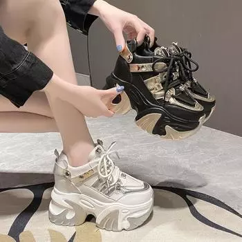 Женские кроссовки на массивном каблуке 10 см, спортивная обувь на высокой платформе со шнуровкой, женские кожаные кроссовки с дышащей сеткой 34 белый