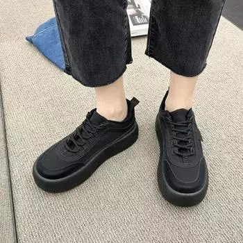 Женские кроссовки на массивном каблуке для отдыха, женские зимние туфли из искусственной кожи на шнуровке на среднем каблуке с круглым носком, женская обувь на вулканизированной платформе, большие размеры 35 чёрный