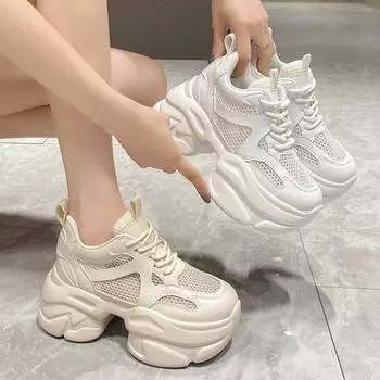 Женские кроссовки на массивном каблуке, дышащая сетчатая обувь на высокой платформе 8 см, женская повседневная обувь на танкетке, белая спортивная обувь для папы 34 белый