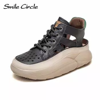 Женские кроссовки на массивном каблуке из натуральной кожи. Туфли на плоской подошве со шнуровкой. Повседневная обувь с высоким берцем и толстой подошвой. 35 чёрный