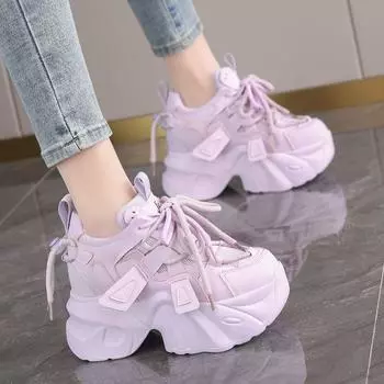 Женские кроссовки на массивном каблуке, кожаные туфли на толстой подошве, вулканизированная обувь на высокой платформе, блестящая повседневная спортивная обувь для папы, 7 см 34 белый