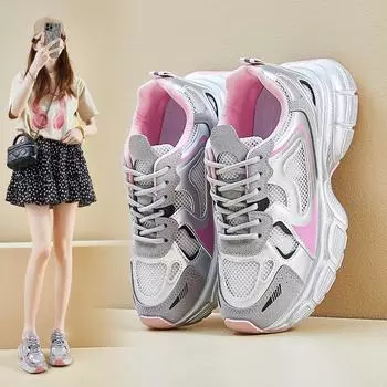 Женские кроссовки на платформе, массивные, модные, для ходьбы, со шнуровкой, удобные, для папы, для тренировок, спорта, работы, повседневные, сетчатые, из искусственной кожи, теннисные туфли для женщин 35 розовый