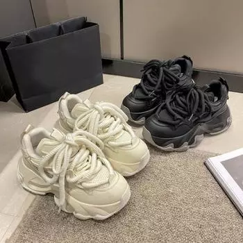 Женские кроссовки на платформе, модная повседневная обувь с цветными блоками для женщин, весна-осень 2024, новые черные спортивные теннисные туфли на шнуровке 39(5) бежевый