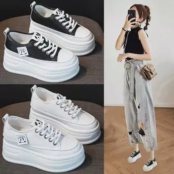 Женские кроссовки на платформе осень 2025 года: Высота 7 см, толстая подошва, универсальные белые повседневные туфли 39 белый
