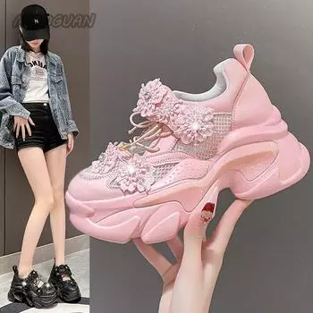 Женские кроссовки на платформе, повседневные, дышащие, с кристаллами, цветочные, летние, массивные, теннисные, 7,5 см, скрытый каблук, полые, для отдыха, женская обувь 34 чёрный