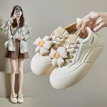 Женские кроссовки на платформе с цветочной шнуровкой, модные кроссовки для бега, теннисная обувь, повседневные удобные милые кроссовки из искусственной кожи на плоской подошве, спортивная обувь 35 бежевый