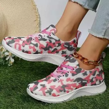 Женские кроссовки на платформе с камуфляжным принтом для дышащей сетчатой нескользящей спортивной обуви, женские повседневные туфли на шнуровке и плоском каблуке 35 арбуз красный
