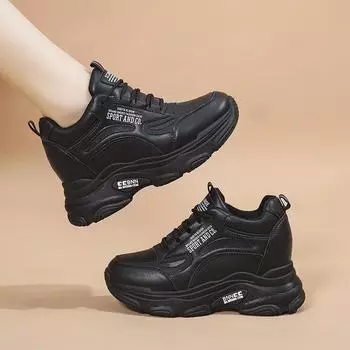 Женские кроссовки на платформе, женская спортивная обувь для папы, весна-осень, модные женские туфли на танкетке, высокие каблуки, высота увеличена на 3 см 35 чёрный