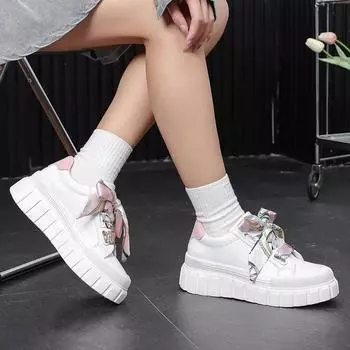 Женские кроссовки на плоской подошве, повседневная обувь со шнуровкой и лентой, роскошные кожаные спортивные туфли на платформе, женская обувь для увеличения роста на толстой подошве 2024 36 розовый