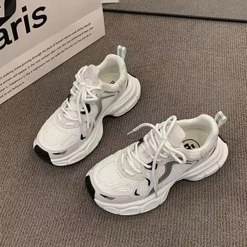 Женские кроссовки на плоской подошве, туфли на платформе в стиле пэчворк, повседневные женские кроссовки с толстой подошвой и круглым носком, размер 35-40 35 белый