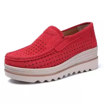 Женские кроссовки на танкетке на высоком каблуке, туфли без шнуровки из натуральной кожи, полые лоферы из коровьей замши, 8 цветов, женские большие размеры 35 чёрный