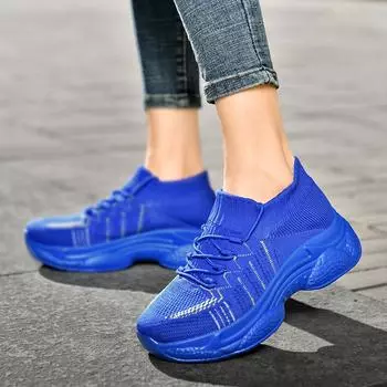 Женские кроссовки на танкетке, женские, увеличивающие рост, на толстой платформе, повседневные, элегантные, женские, синие, красные, желтые, белые, черные, на толстой подошве, большой размер EU:35 чёрный