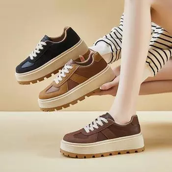 Женские кроссовки на толстой платформе, повседневные кроссовки из искусственной кожи для женщин, нескользящие кроссовки на шнуровке, удобные теннисные туфли на весну и осень 35 коричневый