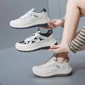 Женские кроссовки на толстой платформе со шнуровкой, без застежек, для ходьбы, из искусственной кожи, удобные кроссовки для тенниса для женщин, повседневные дышащие кроссовки 35 бежевый