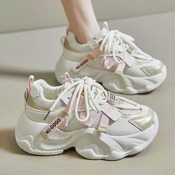 Женские кроссовки на толстой подошве 2024 года, осенняя дышащая сетчатая спортивная обувь на платформе, женская мода, на шнуровке, с толстой подошвой, вулканизированная обувь 35 бежевый