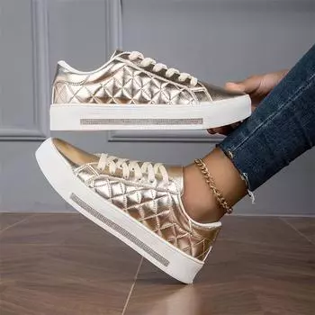 Женские кроссовки на толстой подошве 2024 года, новые осенние однотонные спортивные туфли на шнуровке, повседневные женские кроссовки для активного отдыха Zapatos De Mujer 36 золотой