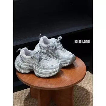 Женские кроссовки на толстой подошве, осенние новинки, кожаные сетчатые кроссовки для маленьких мужчин, увеличивающие рост, дышащие сетчатые повседневные спортивные кроссовки 35 серебряный