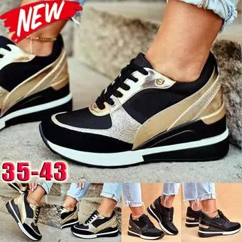 Женские кроссовки на толстой подошве со шнуровкой, повседневная спортивная обувь на танкетке, удобные дышащие кроссовки с круглым носком 35 чёрный