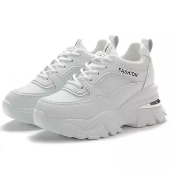 Женские кроссовки на толстой подошве, увеличивающие рост, модные белые спортивные туфли на платформе для женщин из искусственной кожи с толстой подошвой, вулканизированные туфли 34 белый