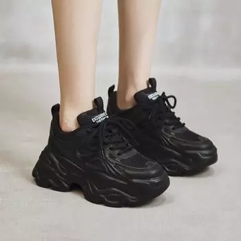 Женские кроссовки на толстом каблуке 2024 года, на шнуровке, на вулканизированной платформе, женские дышащие повседневные кроссовки на толстой подошве для ходьбы 36 чёрный