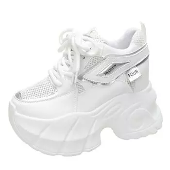 Женские кроссовки на высоком каблуке 10 см, осенние, массивные, 2024 г., новые, на платформе, спортивные, сетчатые, женские, на шнуровке, с толстой подошвой, для папы 34 белый
