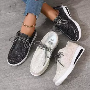 Женские кроссовки, новая мода, весна-осень, холщовые кроссовки с пайетками, женские, на мелкой повседневке, на вулканизированной платформе, Zapatillas Mujer 36 чёрный