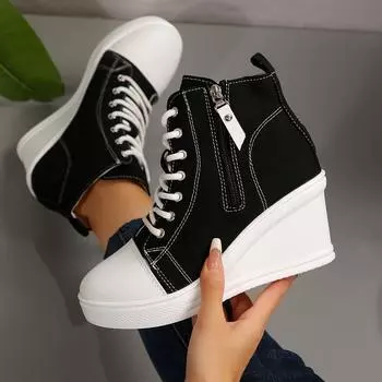 Женские кроссовки, новые модные легкие парусиновые туфли для женщин, повседневные дышащие кроссовки на платформе с увеличенной танкеткой для женщин 35 бежевый