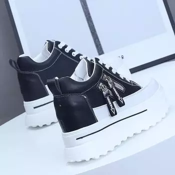 Женские кроссовки, обувь на высокой платформе, обувь на танкетке 8 см, уличная весенне-осенняя кожаная обувь на массивном каблуке, повседневная обувь на шнуровке 34