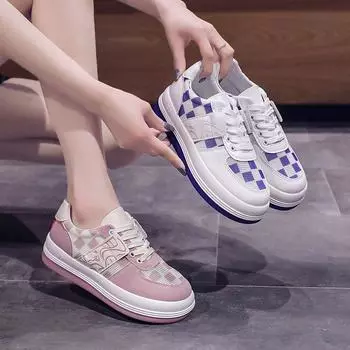 Женские кроссовки осень-зима новые клетчатые цветные модные на шнуровке с круглым носком на платформе повседневные кроссовки смешанная партия 35