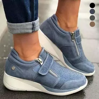 Женские кроссовки, повседневная обувь на танкетке с волшебной лентой и молнией, противоскользящая обувь на платформе 35 чёрный